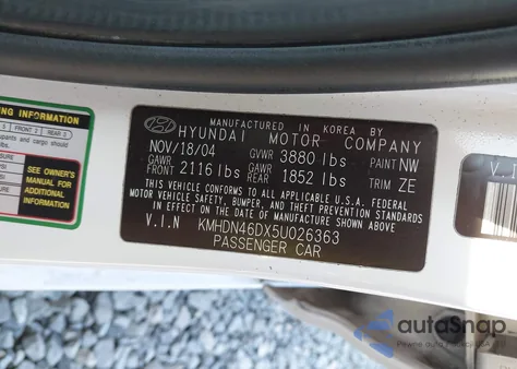 2005 Hyundai Elantra Gls/Gt z USA, uszkodzony, nr VIN KMHDN46DX5U026363